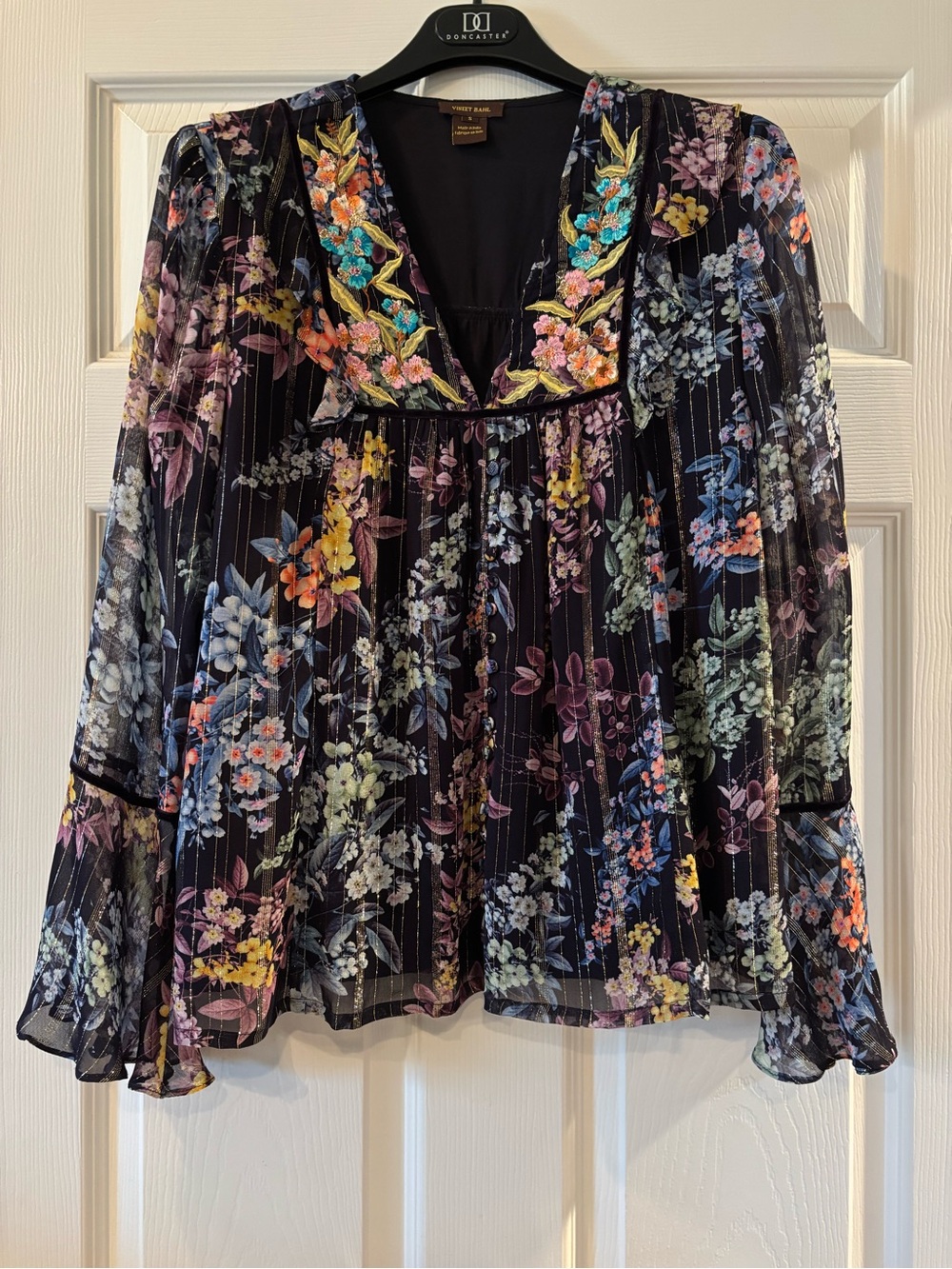 Vineet Bahl by Anthropologie Black Floral V-Neck Blouse with Embroidered Yoke